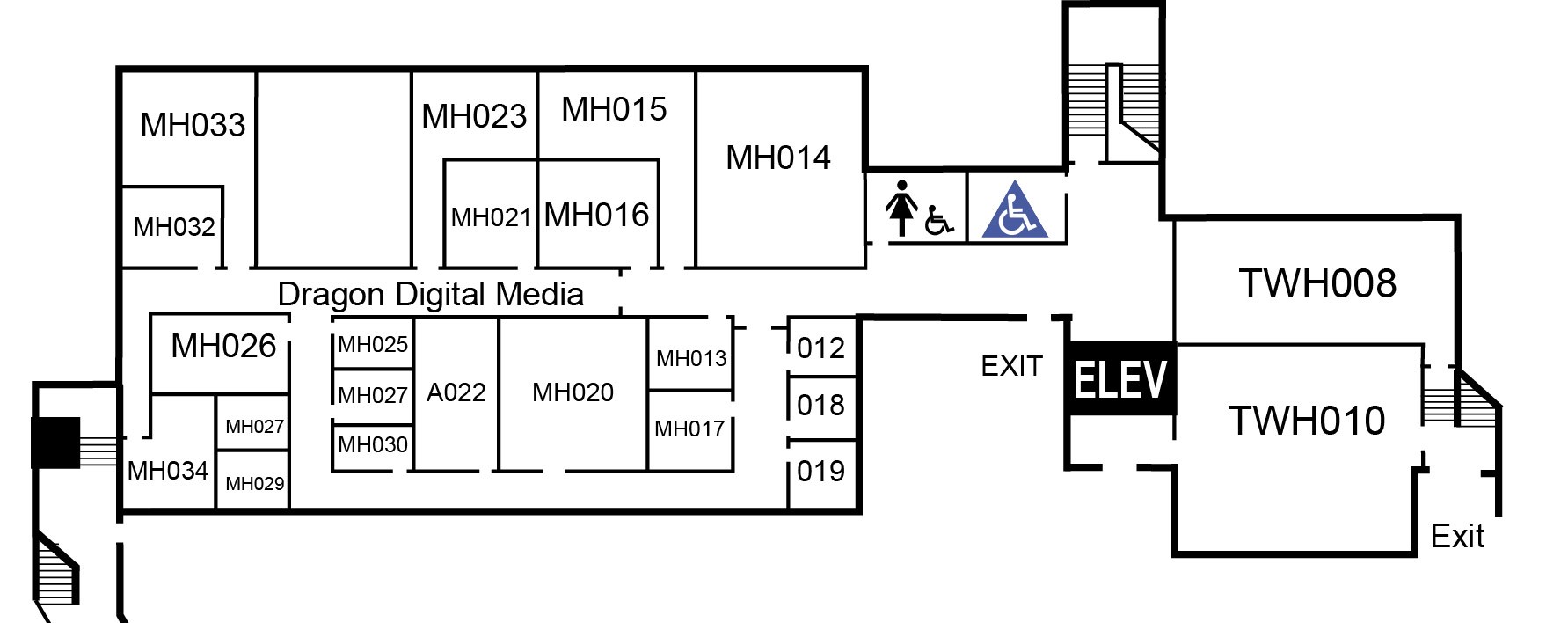 room map of the lower level of McCuan Hall the home of Dragon media