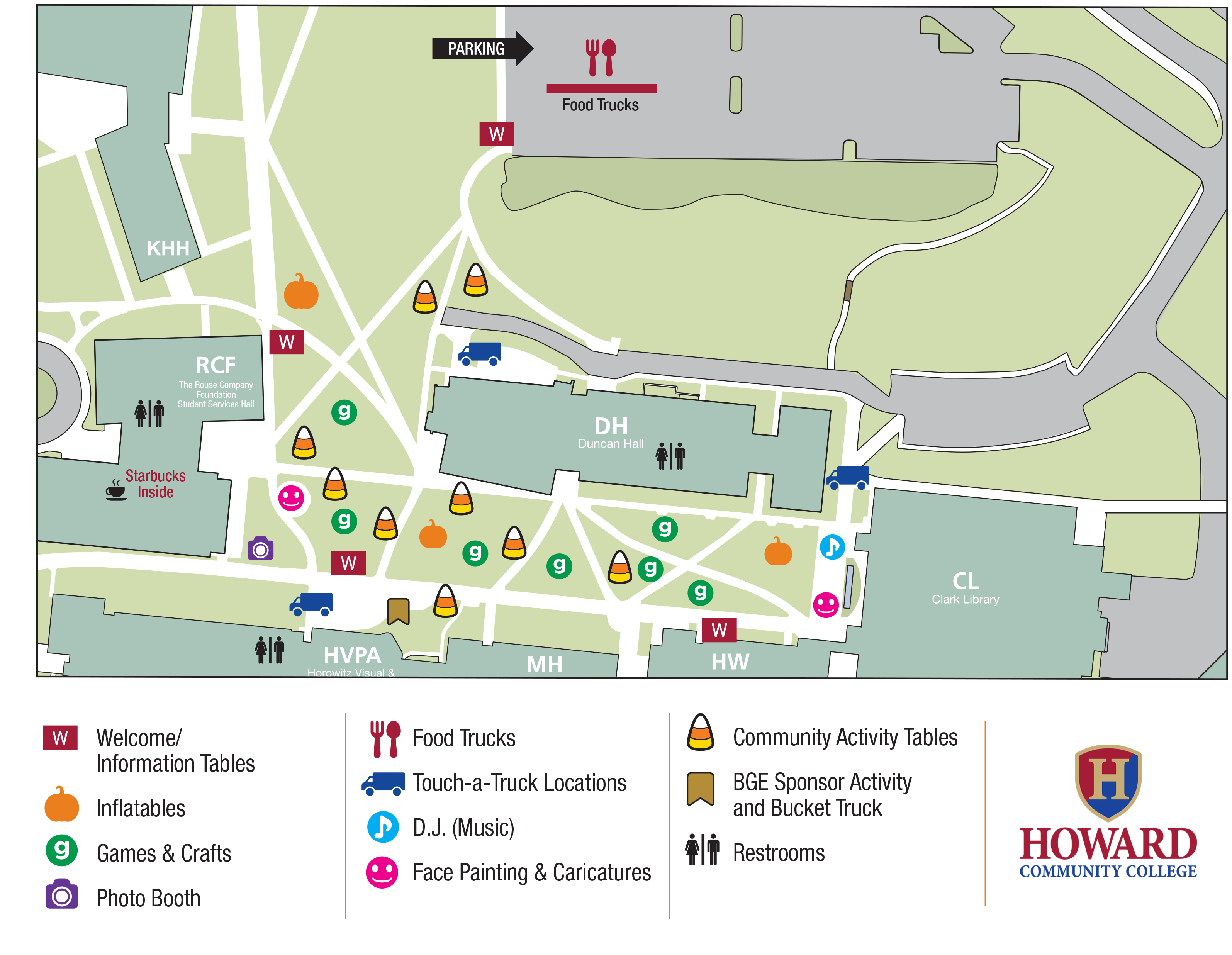 Event map of Howard Community College showing food trucks, games, inflatables, music, and activity areas around campus.