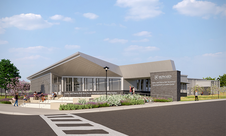 Architectural rendering of the Cathy and Danny Bell Workforce Development & Trades Center at Howard Community College, featuring a modern building with large windows, slanted rooflines, landscaped walkways, and people sitting and walking around the entrance under a blue sky.