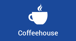 A blue background with an icon of a steaming coffee cup with the words 
