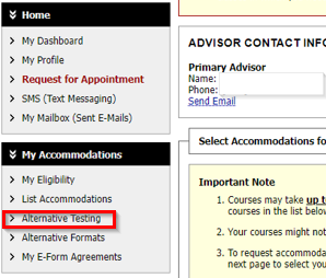 A home page of AIM and alternative testing is selected in a square red box under my accommodations field.