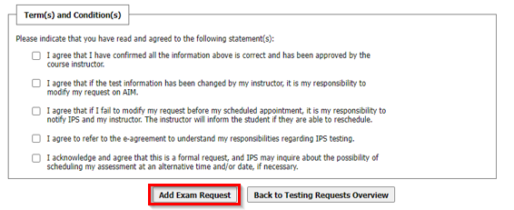 Under the exam details field, a list of terms and conditions are shown and below the 