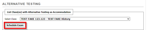 Under the selection of class the schedule exam button is selected in a red square.